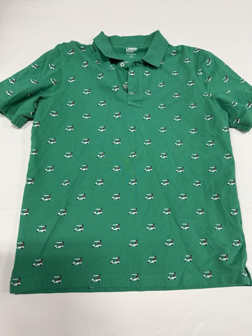 Lands' End Polo Shirt Green S All Over Print Casual Golf Cart Short Sleeve